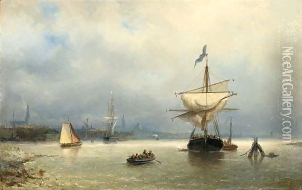 Sailing Vessels In An Estuary, Amsterdam In The Distance Oil Painting - Nicolaas Riegen