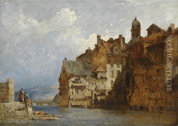 View Of Old Houses On The Rhone, Geneva Oil Painting - William Callow