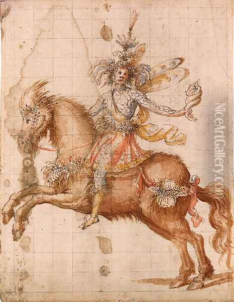 A fantastic figure on horseback holding a conch design for a cavalcade Oil Painting - Giulio Parigi