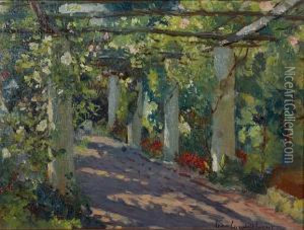 Sun-dappled Garden With Trellis Oil Painting - Colin Campbell Cooper