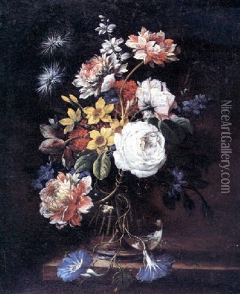 A Still Life Of Roses, Narcissi, Convulvulus And Other Flowers In A Glass Vase On A Stone Ledge Oil Painting - Nicolas Baudesson