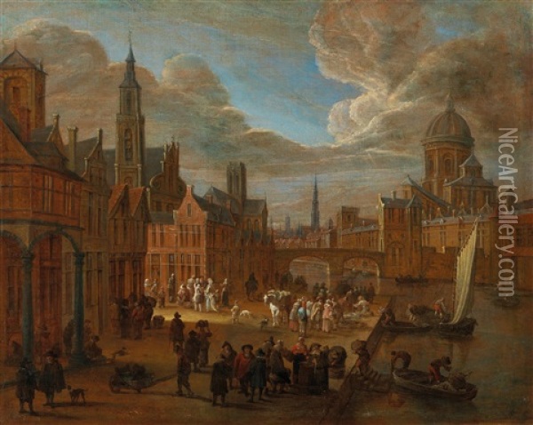 A View Of Town With Numerous Figures Oil Painting - Mathys Schoevaerdts