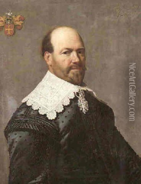 Portrait Of A Gentleman Of The Van Wevell Family Of Overyssel, Gelderland, Wearing A Black Jacket And Lace Collar Oil Painting - Jan Van Bijlert