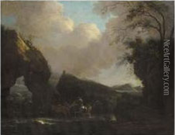 A Southern Landscape With Drovers And Animals Crossing A Stream Near A Rocky Arch Oil Painting - Jan Asselyn