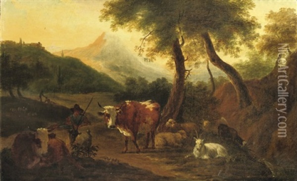 A Herdsman With His Flock In A Wooded Italianate Landscape Oil Painting - Michiel Carree