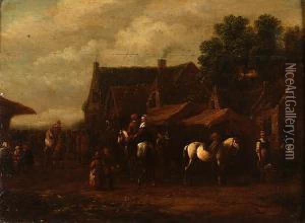 Peasants And Horsemen In A Village Street Oil Painting - Barent Gael