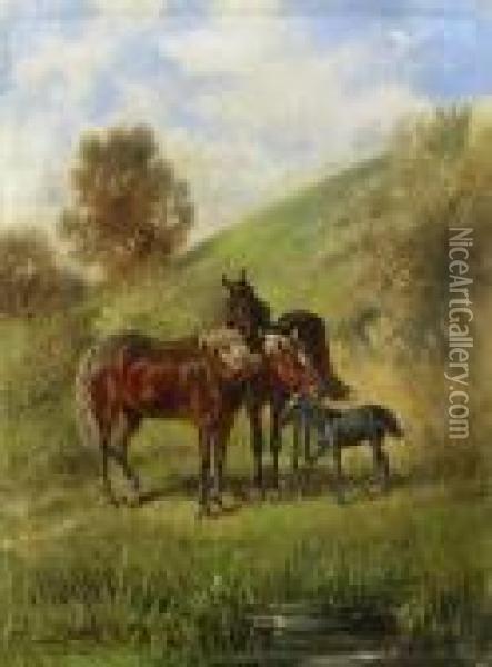 Pferdepaar Mit Fohlen An Einem Grashang, Im Vordergrund Ein Bachlauf Oil Painting - Franz Quaglio