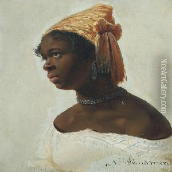 Portrait Of An African Woman In A White Dress Oil Painting - Niels Simonsen