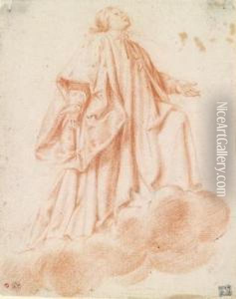 A Praying Saint Hovering On A Cloud Oil Painting - Andrea Sacchi