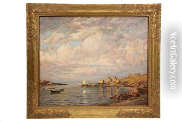 Sailboats And Houses On The Shore, Monhegan Oil Painting - Frank Alfred Bicknell