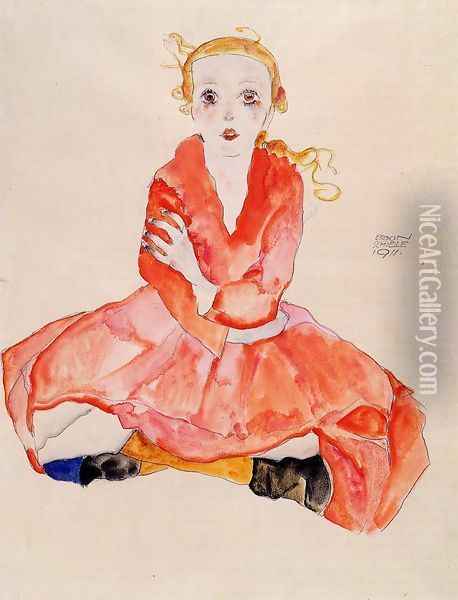 Seated Girl Facing Front Oil Painting - Egon Schiele
