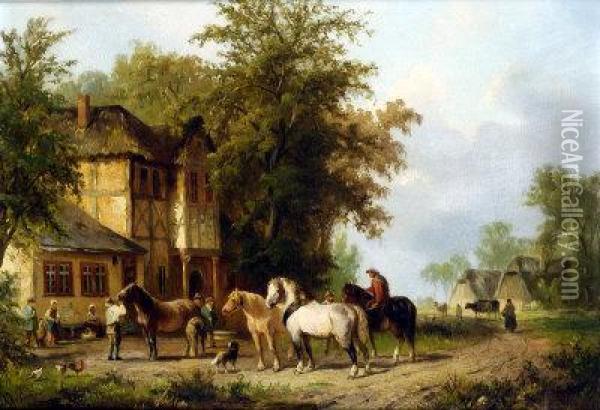 End Of The Day, With Work Horses, Farm Workers, Chicken And Sheep Dog Oil Painting - Albert Jurardus van Prooijen