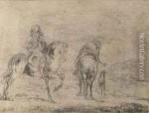 Two Elegant Huntsmen On Their Horses With A Dog Oil Painting - Pieter Wouwermans or Wouwerman