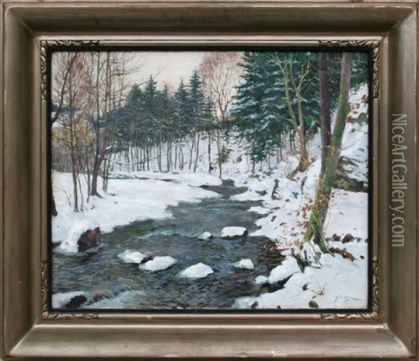 Potok V Zime Oil Painting - Oldrich Hlavsa