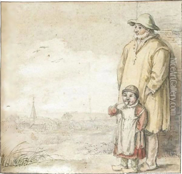 A Man And An Eating Child In A Landscape, A Village To The Left Oil Painting - Hendrick Avercamp