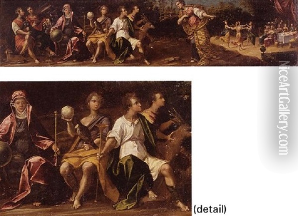 Allegorical Figures Of Fidelity, Abundance, Fame And Vanity With A Banquet Beyond Oil Painting -  Scarsellino