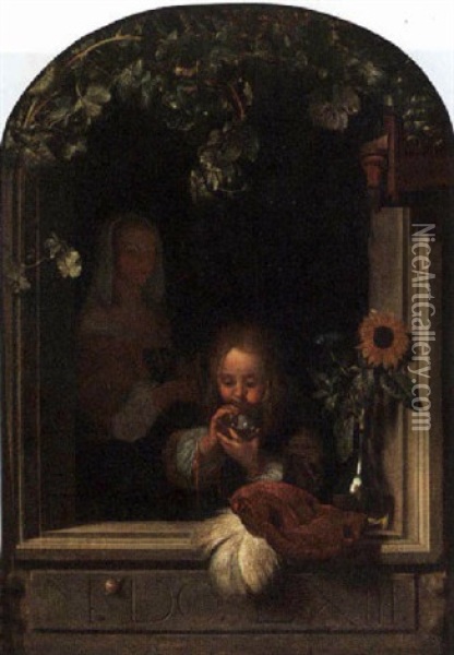 A Boy Blowing Bubbles In A Window With A Maid Standing Behind Oil Painting - Frans van Mieris the Elder