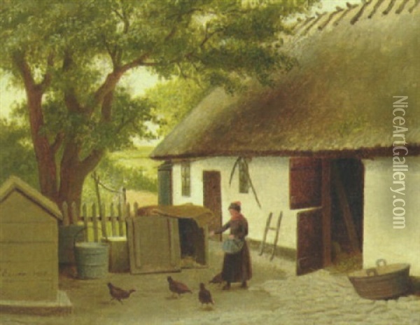 En Amagerpige Fodrer Honsene Pa Gardspladsen Oil Painting - Johann Julius Exner