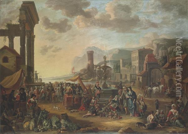A Capriccio Of A Mediterranean Port City With A Market, A Commediadell'arte Performing Oil Painting - Anton Goubau