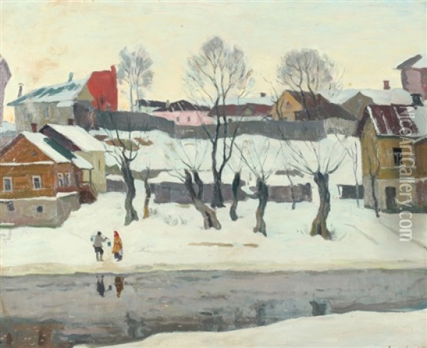 Village Scene In Snow Oil Painting - Arnold Borisovich Lakhovsky