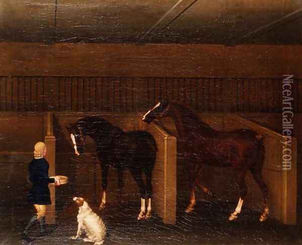 A groom, horses and a dog in a stable, 1747 Oil Painting - James Seymour