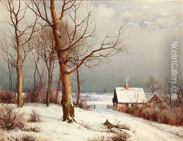 Winter Day With A Country House Oil Painting - Anders Andersen-Lundby