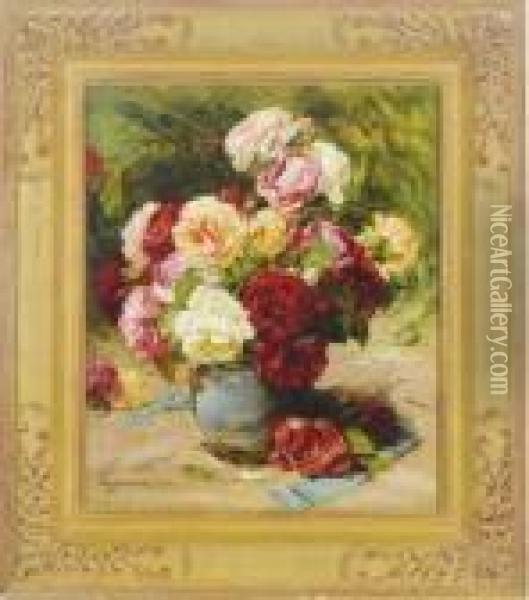 Still Life Of A Vase Of Roses Oil Painting - Georges Jeannin