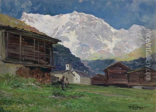 Paesaggio Montano Con Baite Oil Painting - Cesare Gheduzzi