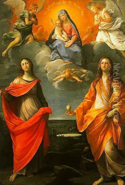 Madonna of the Snow with SS Lucy and Mary Magdalen Oil Painting - Guido Reni