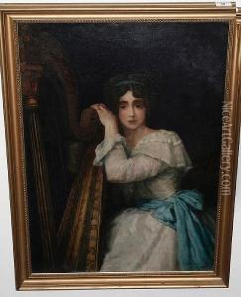 Portrait Of A Young Lady At A Harp Oil Painting - Carl Schlosser