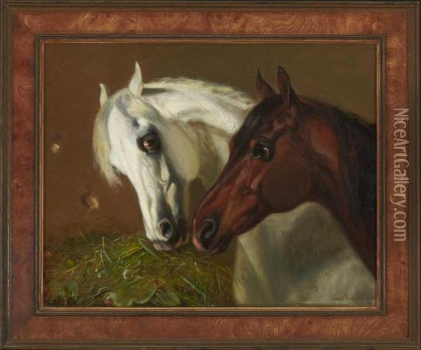 Zwei Pferde An Der Futterkrippe. Oil Painting - Emil Volkers