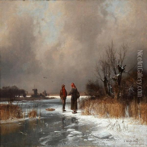 A Talk On A Frozen Lake Oil Painting - Frederik Niels M. Rohde