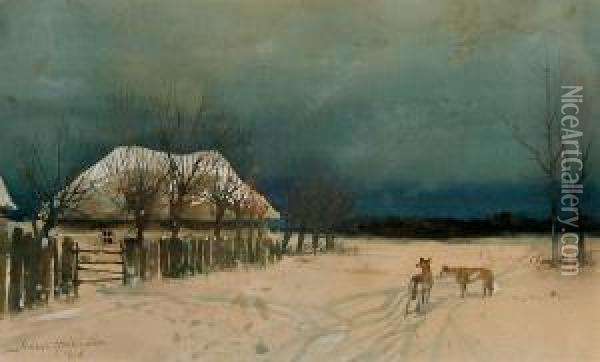 Pejzaz Zimowy Z Wilkami, 1918 R. Oil Painting - Juliusz Holzmutller