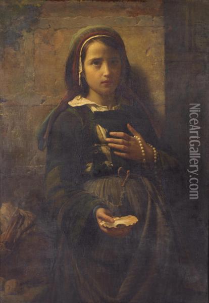Portrait Of A Young Girl, Standing, Three Quarter Length, Holding A Sea Shell And Rosary Oil Painting - Emile Auguste Hublin