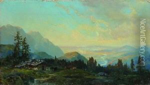 Blick Von Einer Alm Auf Ein Weites
 Flusstal Oil Painting - Bernhard Muthlig