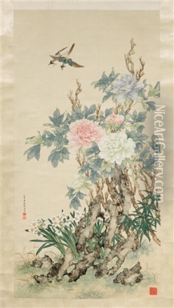 Paonien, Bambus Und Narzissen Mit Fliegendem Elsternpaar Oil Painting -  Qu Zhaolin