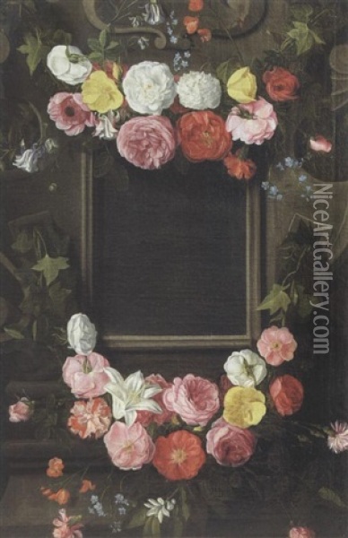 Guirlande De Fleurs Decorant Un Cartouche Sculpte Oil Painting - Jan van Kessel the Younger