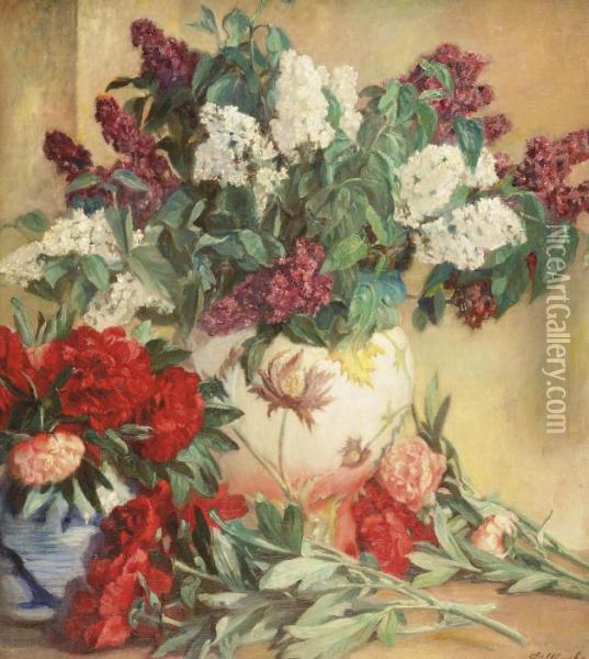 Lilacs And Peonies In A Vase Oil Painting - Jean Ubaghs