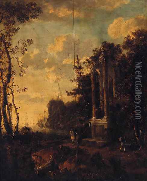 A coastal inlet with a horseman by a classical ruin Oil Painting - Jan Griffier II