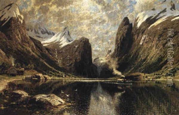 Fjordlandskap Med +ngfartyg Oil Painting - Adelsteen Normann