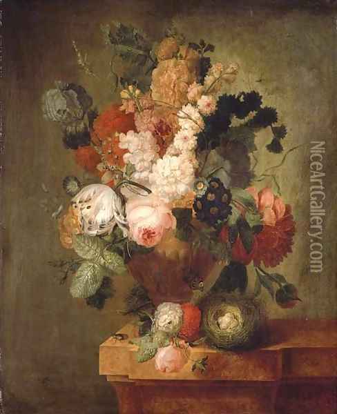 Roses, carnations, a tulip and other flowers in a sculpted urn with a bird's nest on a marble ledge with a beetle and a butterfly Oil Painting - Pieter Faes