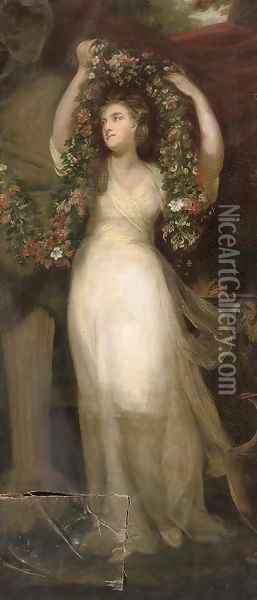 Portait of a Montgomery sister, full-length, in a white dress, holding a garland of flowers Oil Painting - Sir Joshua Reynolds