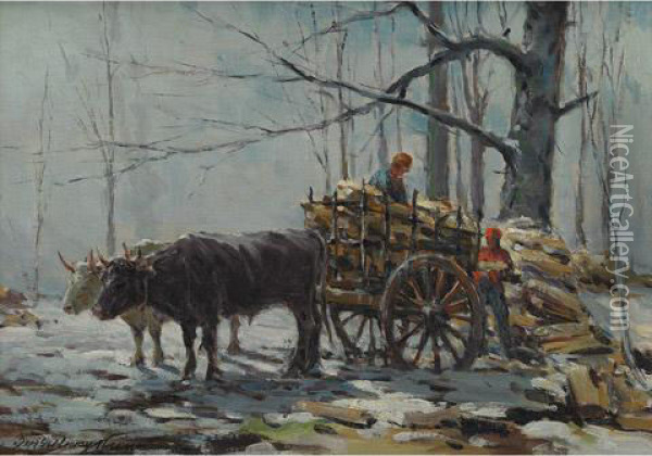Loading The Wagon, Winter Oil Painting - Farquhar Mcgillivr. Knowles