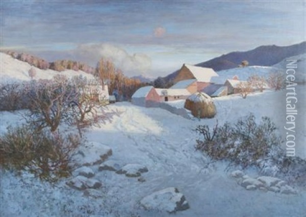 Farm Buildings In Snow Oil Painting - Stephen Parrish