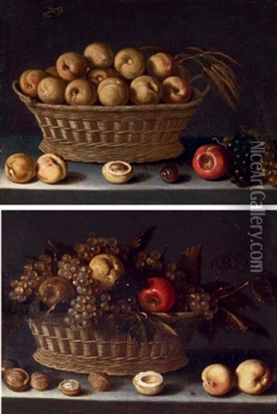 A Basket Of Grapes And Apples With Peaches And Walnuts, On A Ledge (+ A Basket Of Peaches With Grapes, An Apple And A Plum, On A Ledge; 2 Works) Oil Painting - Louise Moillon