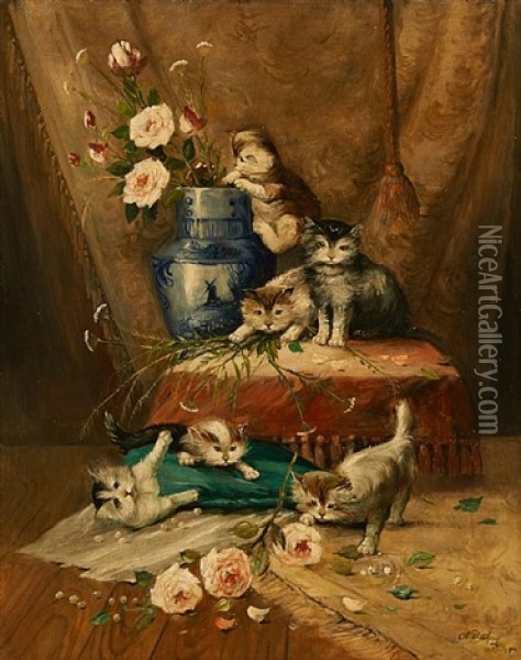 Jeux De Chatons Au Pot De Fleurs Oil Painting - Charles van den Eycken I