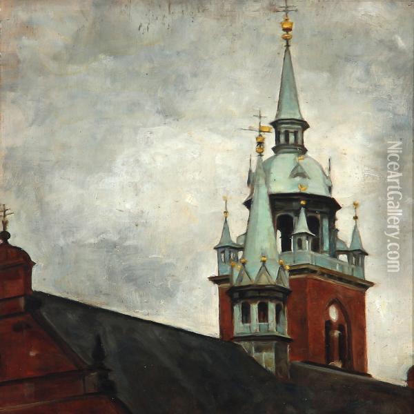 The Helligand Church Tower In Copenhagen Oil Painting - Svend Hammershoi