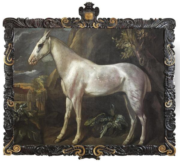 The Marquess Of Worcester's Dappled Grey Stallion, With Worcesterhouse Beyond Oil Painting - Jacob Peter Gowy
