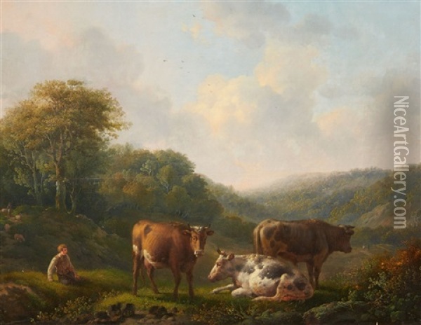 Landscape With A Shepherd And Cattle Oil Painting - Adolf Karel Maximilian Engel