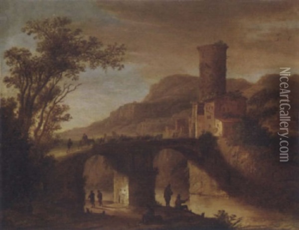 An Italianate Landscape With Fishermen By A River And Peasants Crossing A Bridge Leading To A Town Oil Painting - Daniel van Heil